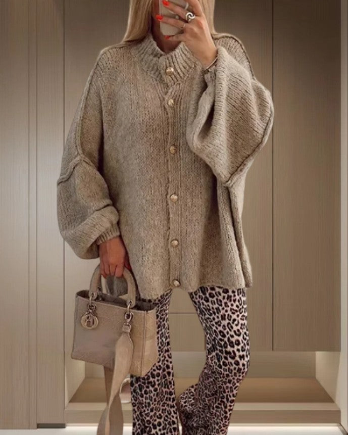 Oversized Batwing Sleeve Button Front Cardigan - Grey