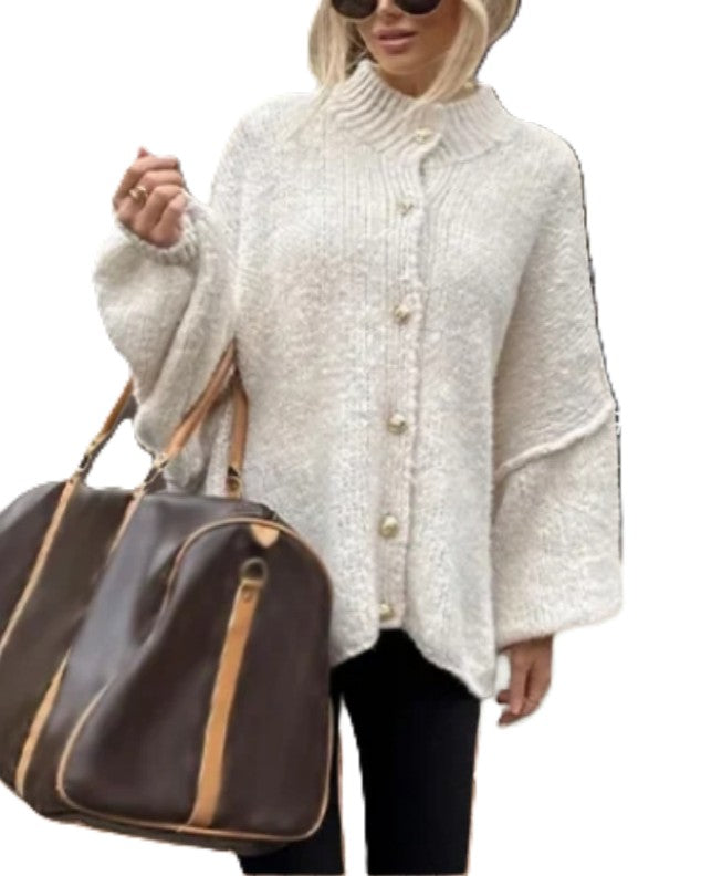 Oversized Batwing Sleeve Button Front Cardigan - White
