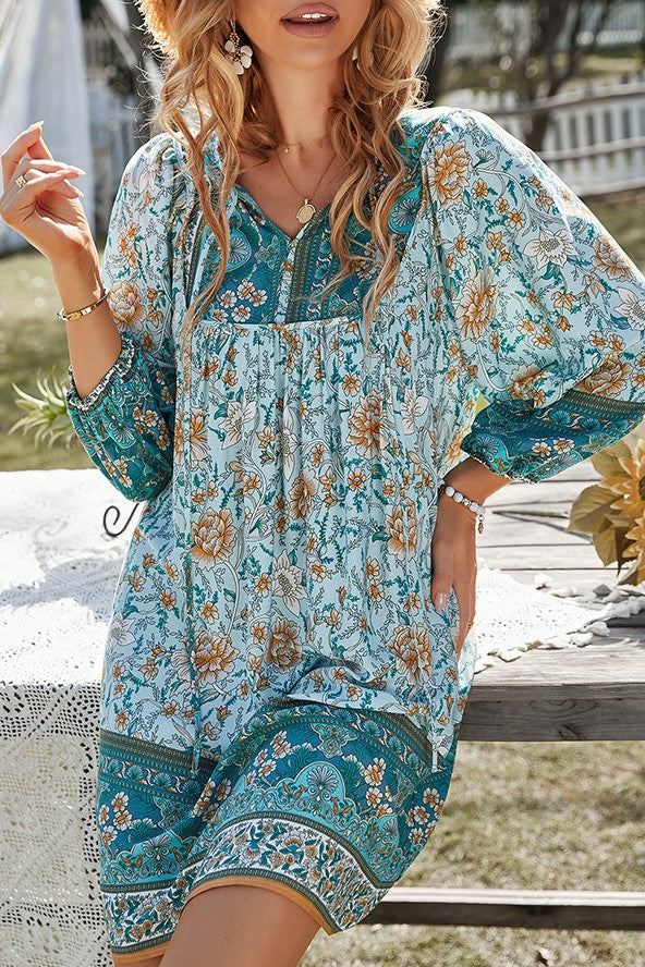 Boho Border Floral Print Balloon Sleeve Dress - Blue