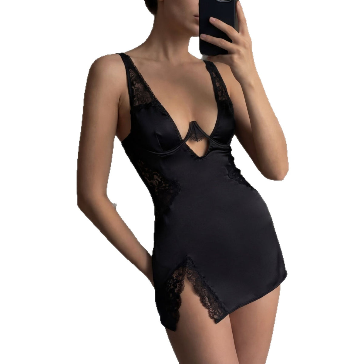 Satin Lace Panel Underwire Plunge Chemise Set