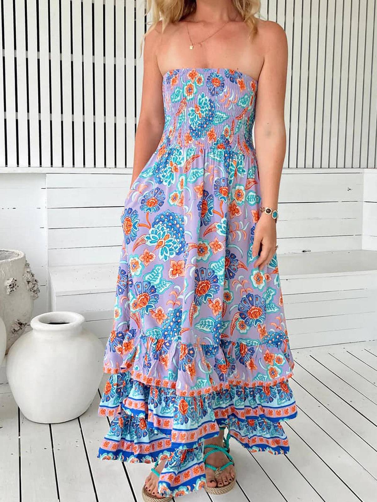 Paisley Bandeau Ruffled Tiered Maxi Dress - Violet