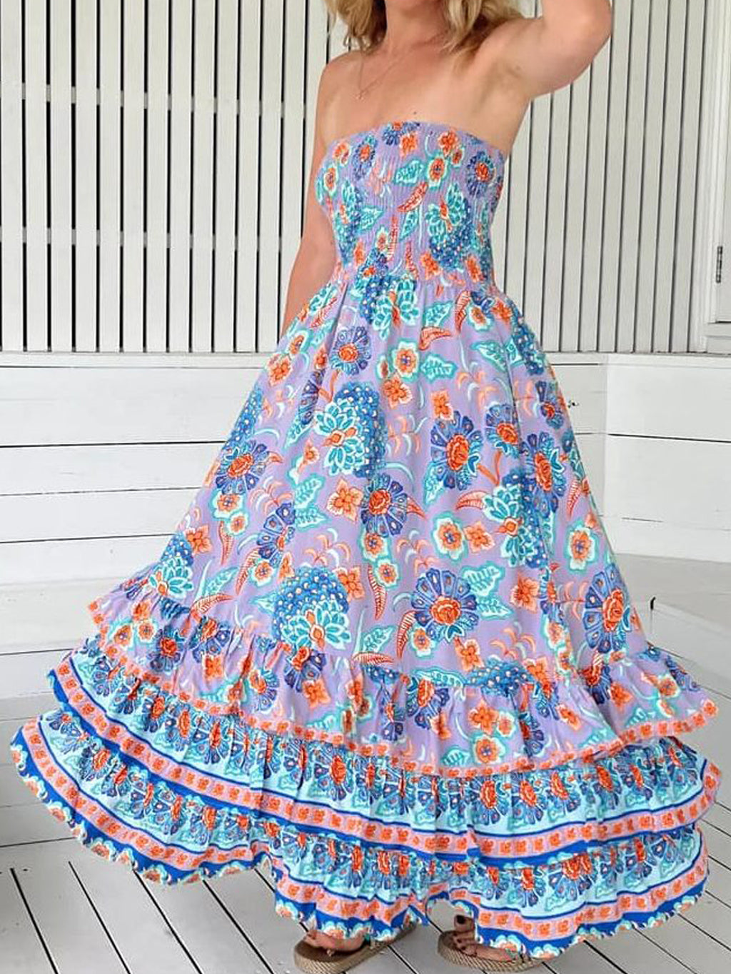 Paisley Bandeau Ruffled Tiered Maxi Dress - Violet - 1