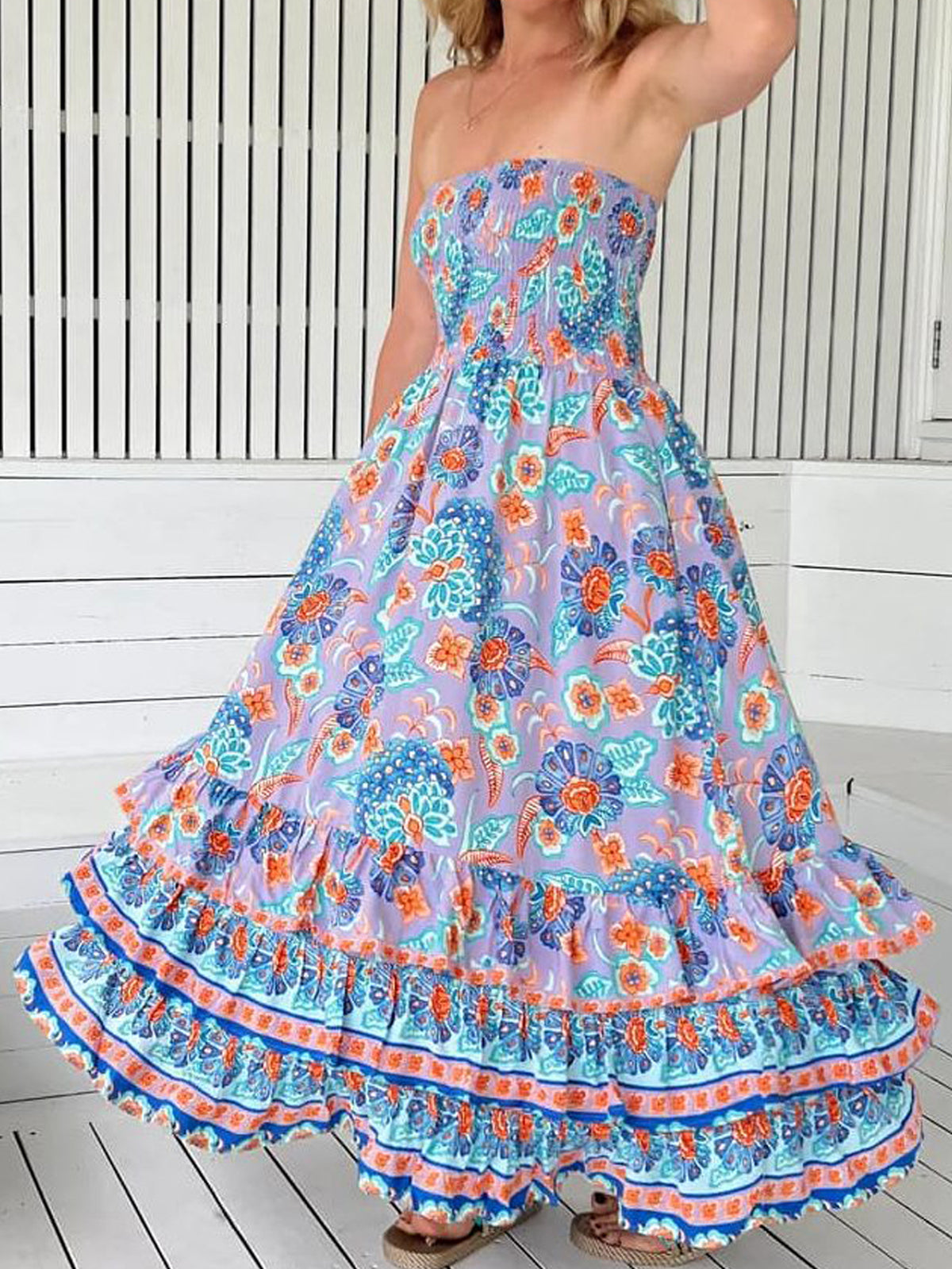 Paisley Bandeau Ruffled Tiered Maxi Dress - Violet - 1