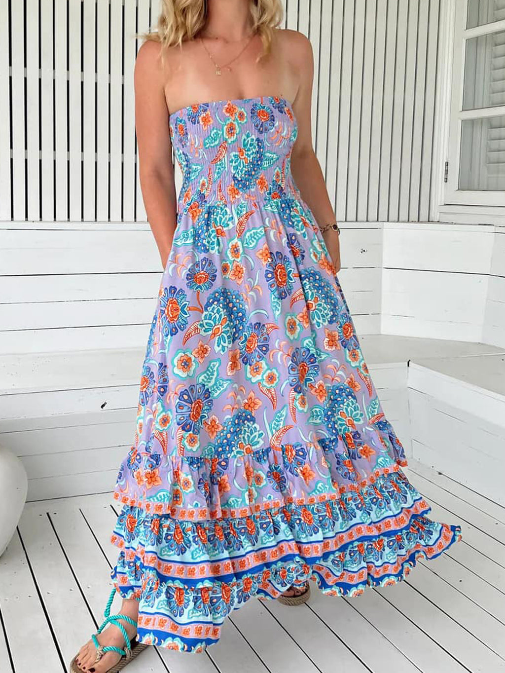 Paisley Bandeau Ruffled Tiered Maxi Dress - Violet - 2