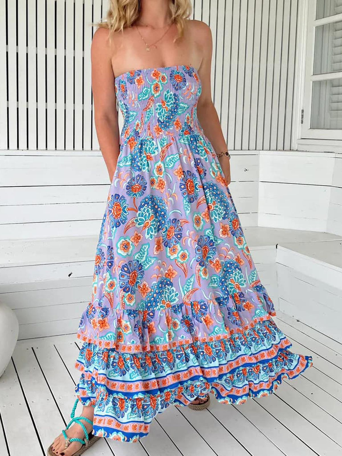 Paisley Bandeau Ruffled Tiered Maxi Dress - Violet - 2