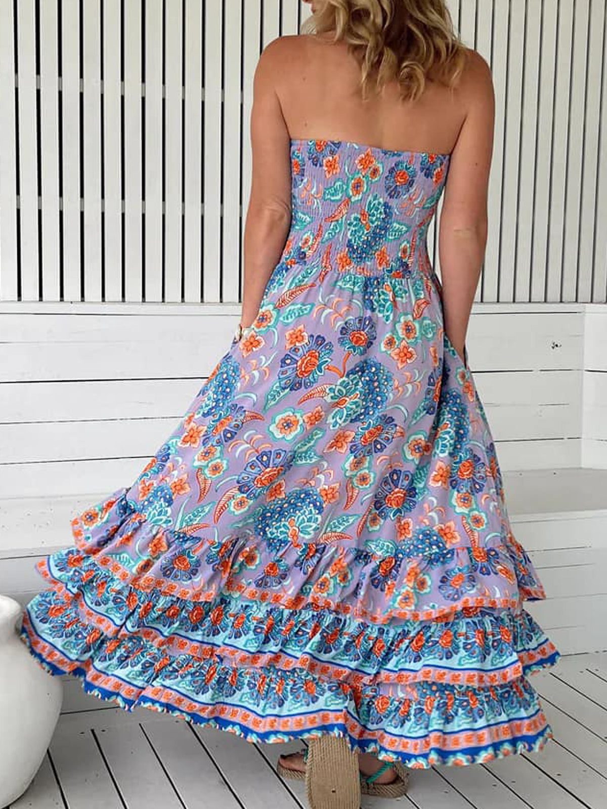 Paisley Bandeau Ruffled Tiered Maxi Dress - Violet - 3