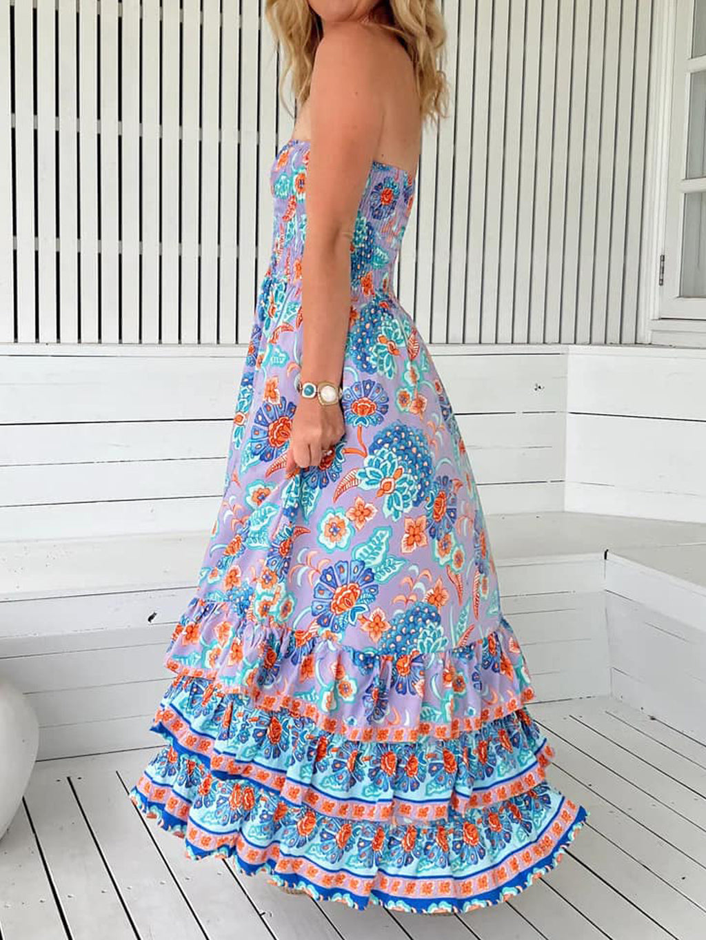 Paisley Bandeau Ruffled Tiered Maxi Dress - Violet - 4