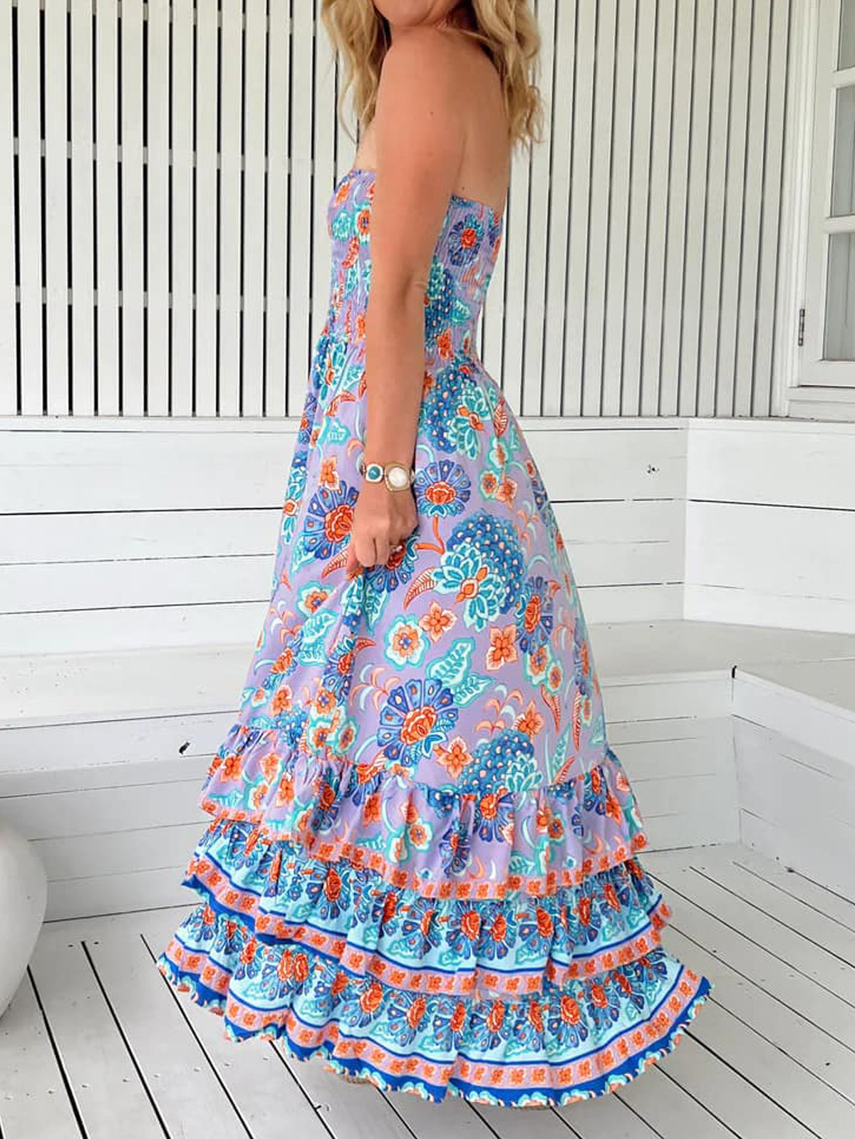 Paisley Bandeau Ruffled Tiered Maxi Dress - Violet - 4