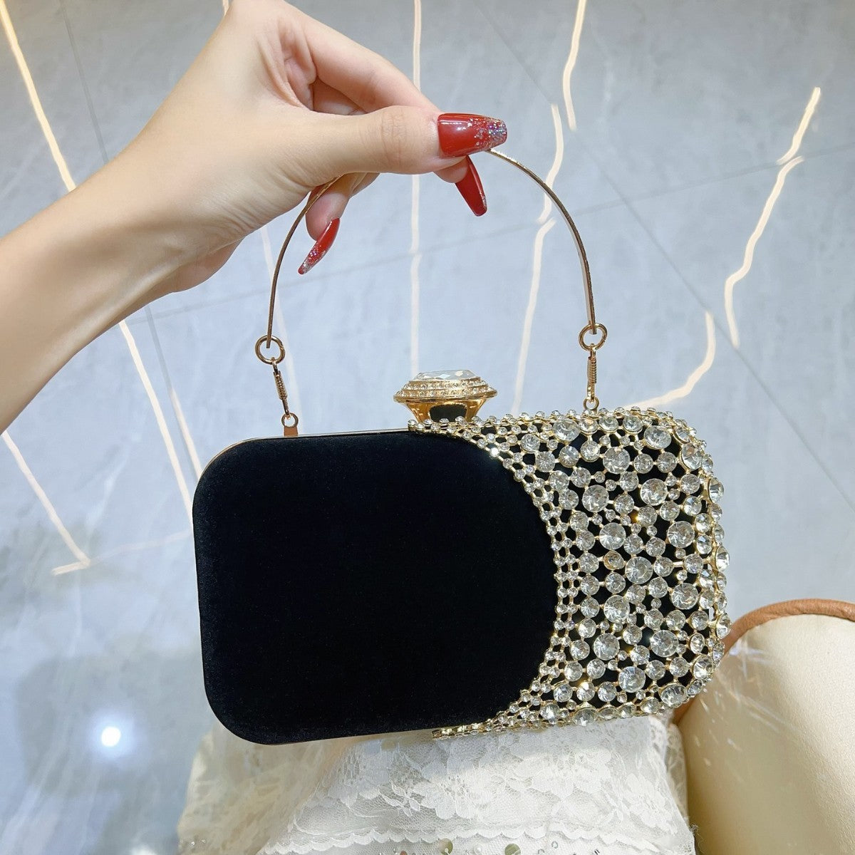Velvet Rhinestone Panel Evening Clutch - Black