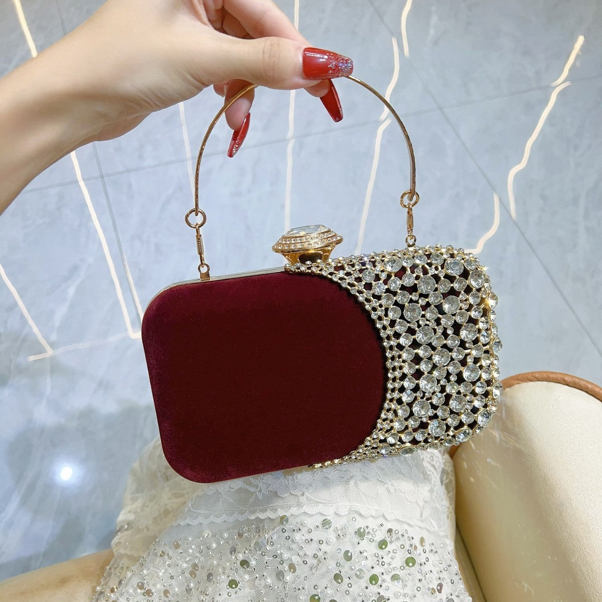 Velvet Rhinestone Panel Evening Clutch - Burgundy