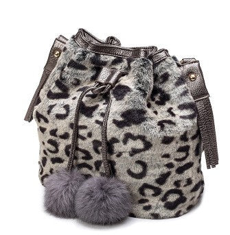 Fluffy Drawstring Bucket Bag with Pom Poms - Grey Leopard