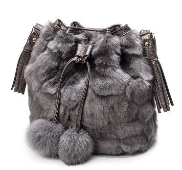 Fluffy Drawstring Bucket Bag with Pom Poms - Light Grey