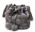 Fluffy Drawstring Bucket Bag with Pom Poms - Light Grey