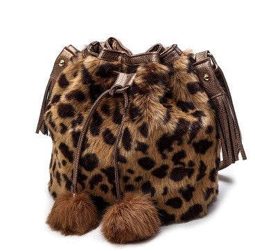 Fluffy Drawstring Bucket Bag with Pom Poms