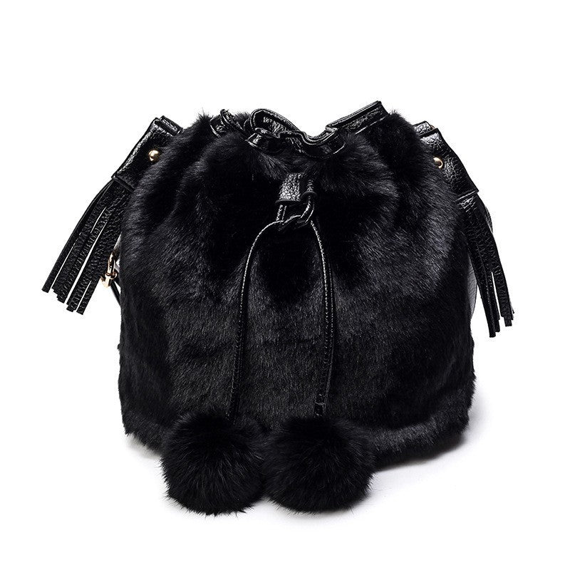 Fluffy Drawstring Bucket Bag with Pom Poms