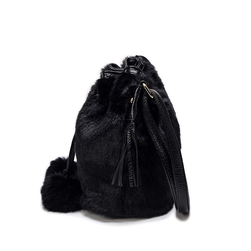 Fluffy Drawstring Bucket Bag with Pom Poms