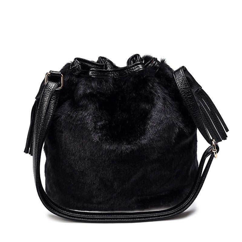 Fluffy Drawstring Bucket Bag with Pom Poms