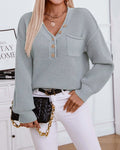 Waffle Knit Henley Button Pocket Sweater - Gray