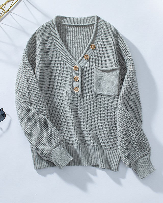 Waffle Knit Henley Button Pocket Sweater - Gray - 1