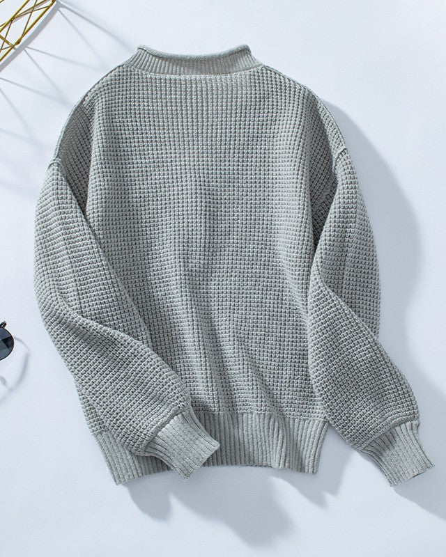 Waffle Knit Henley Button Pocket Sweater - Gray - 2