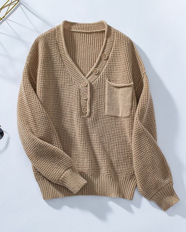 Waffle Knit Henley Button Pocket Sweater - Khaki