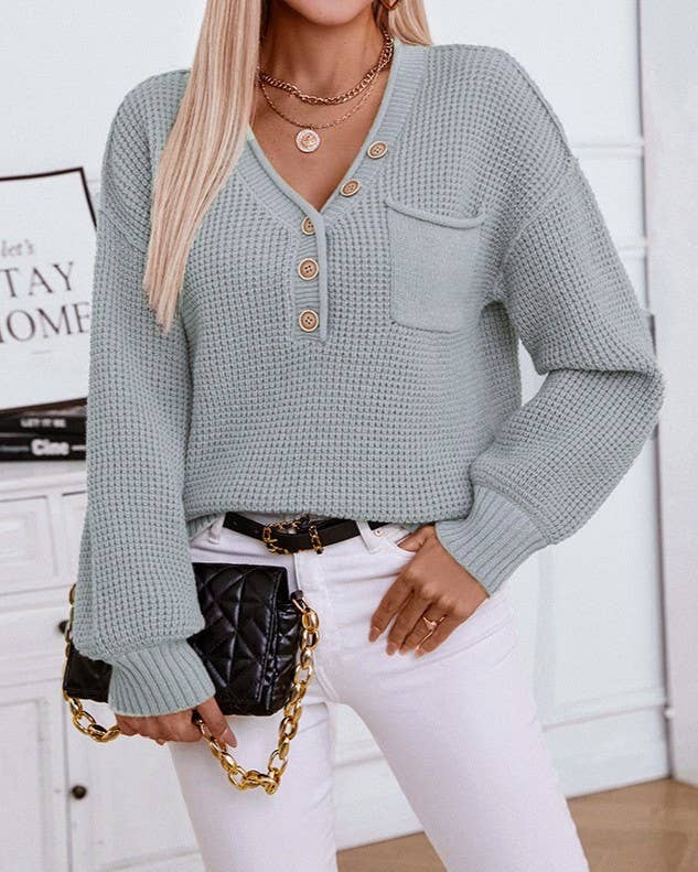 Waffle Knit Henley Button Pocket Sweater
