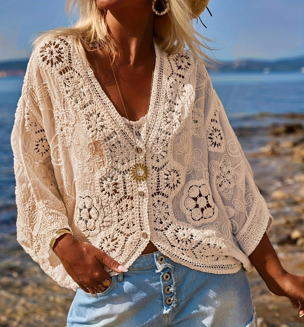Floral Crochet Batwing Sleeve Button Cardigan - Ecru