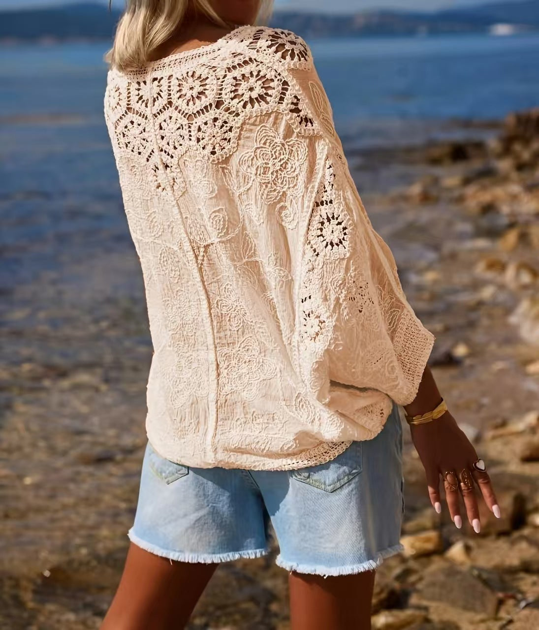 Floral Crochet Batwing Sleeve Button Cardigan - Ecru - 2