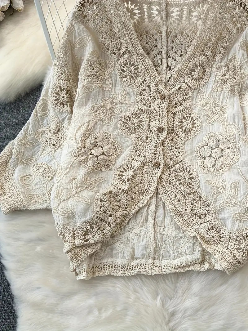 Floral Crochet Batwing Sleeve Button Cardigan - Ecru - 3
