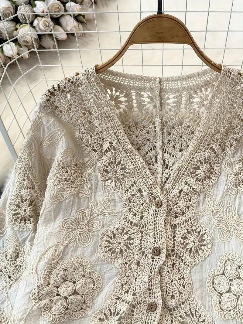 Floral Crochet Batwing Sleeve Button Cardigan - Ecru - 4