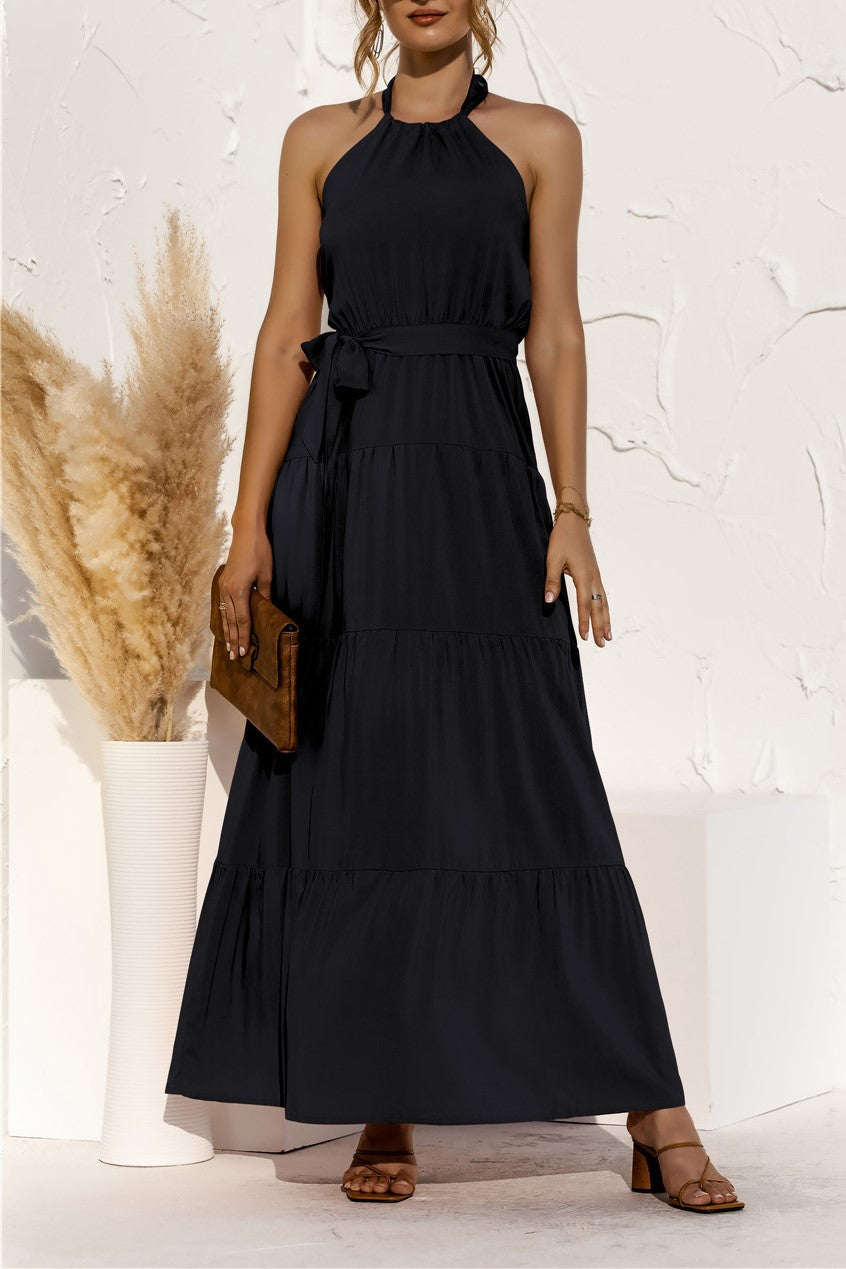 Halter Neck Tiered Belted Maxi Dress - Black