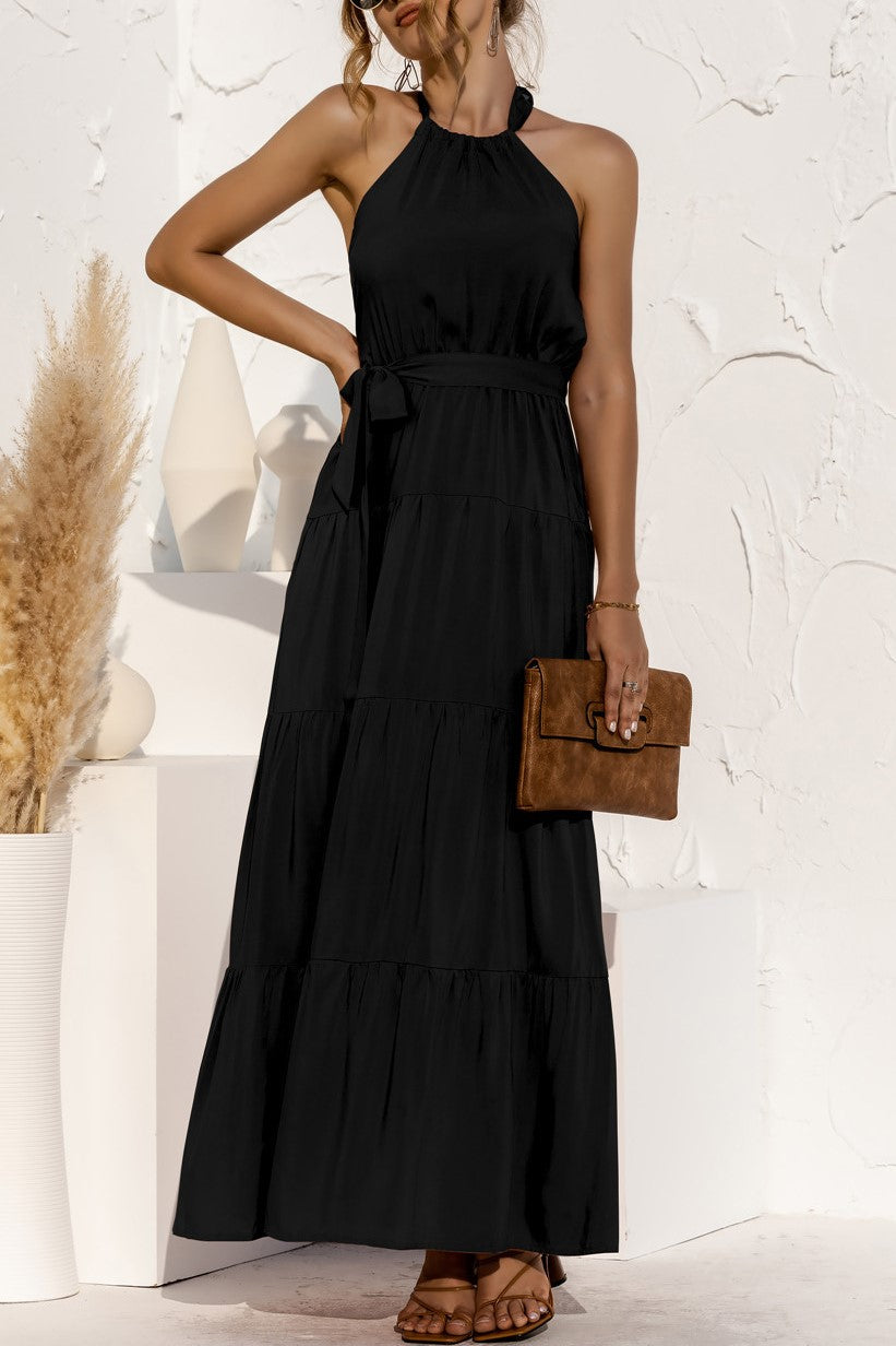 Halter Neck Tiered Belted Maxi Dress - Black - 1