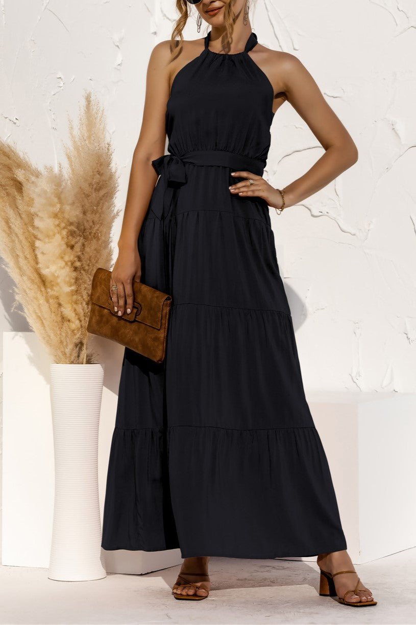 Halter Neck Tiered Belted Maxi Dress - Black - 2
