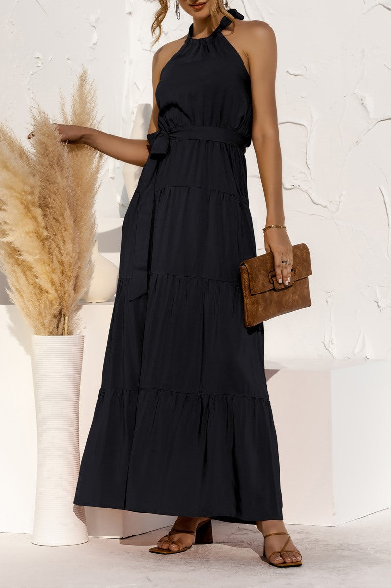 Halter Neck Tiered Belted Maxi Dress - Black - 3