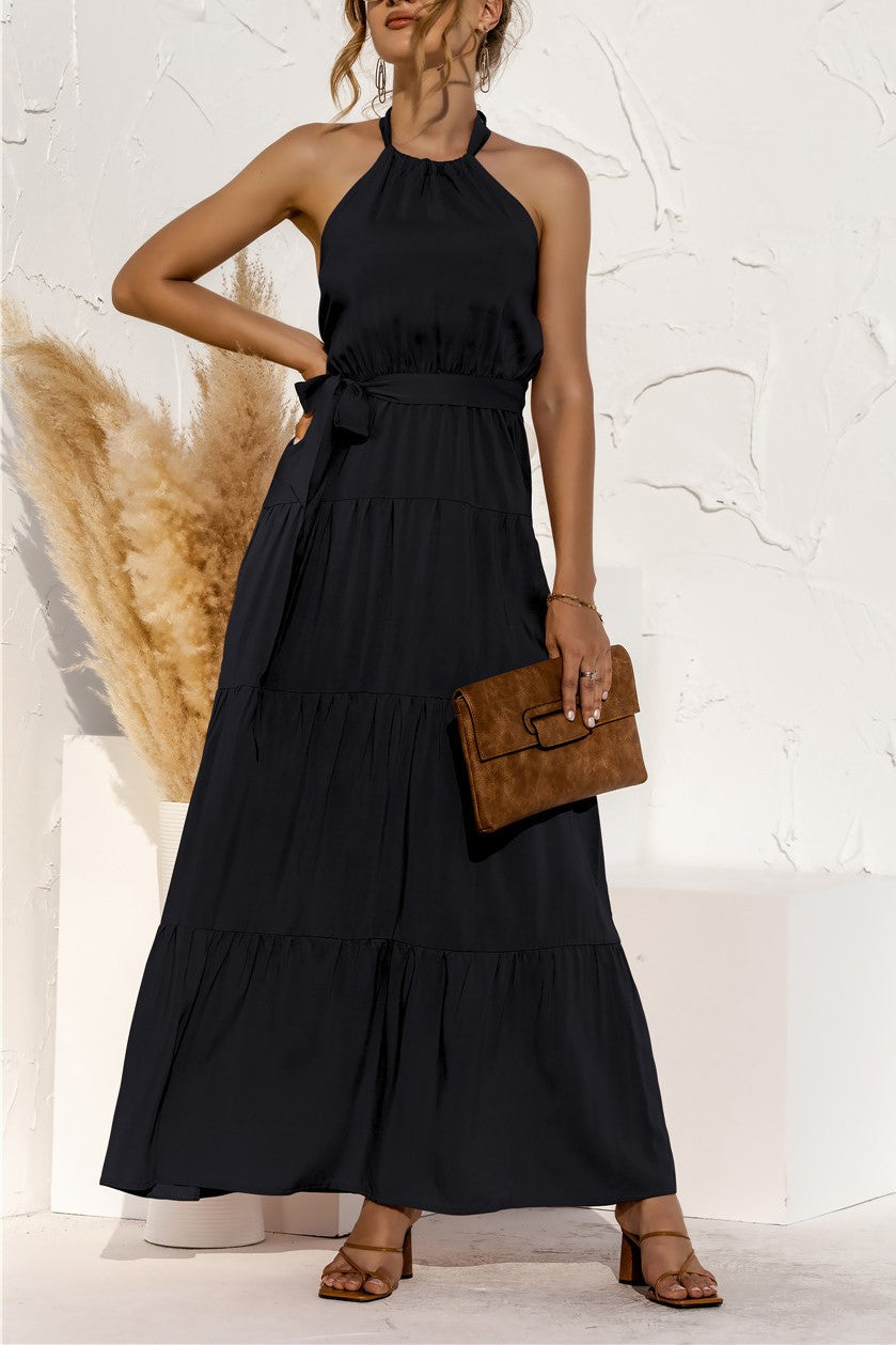 Halter Neck Tiered Belted Maxi Dress - Black - 4