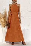 Halter Neck Tiered Belted Maxi Dress - Orange
