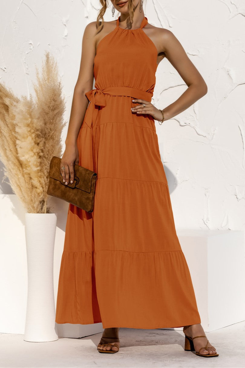 Halter Neck Tiered Belted Maxi Dress - Orange - 1