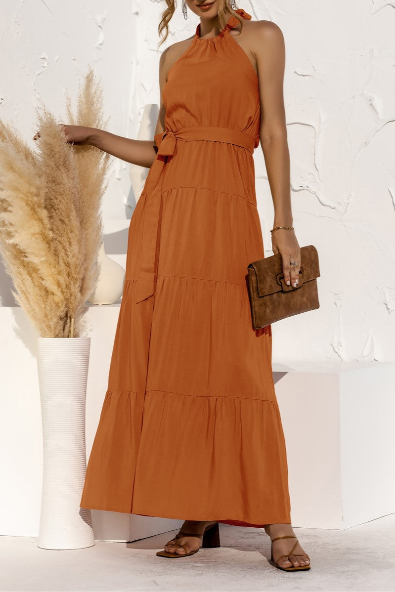 Halter Neck Tiered Belted Maxi Dress - Orange - 2