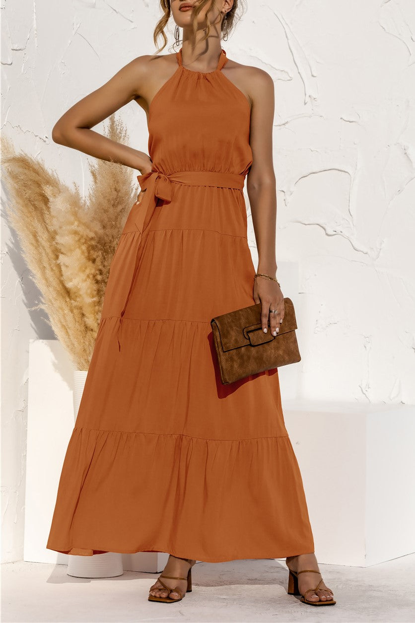 Halter Neck Tiered Belted Maxi Dress - Orange - 3