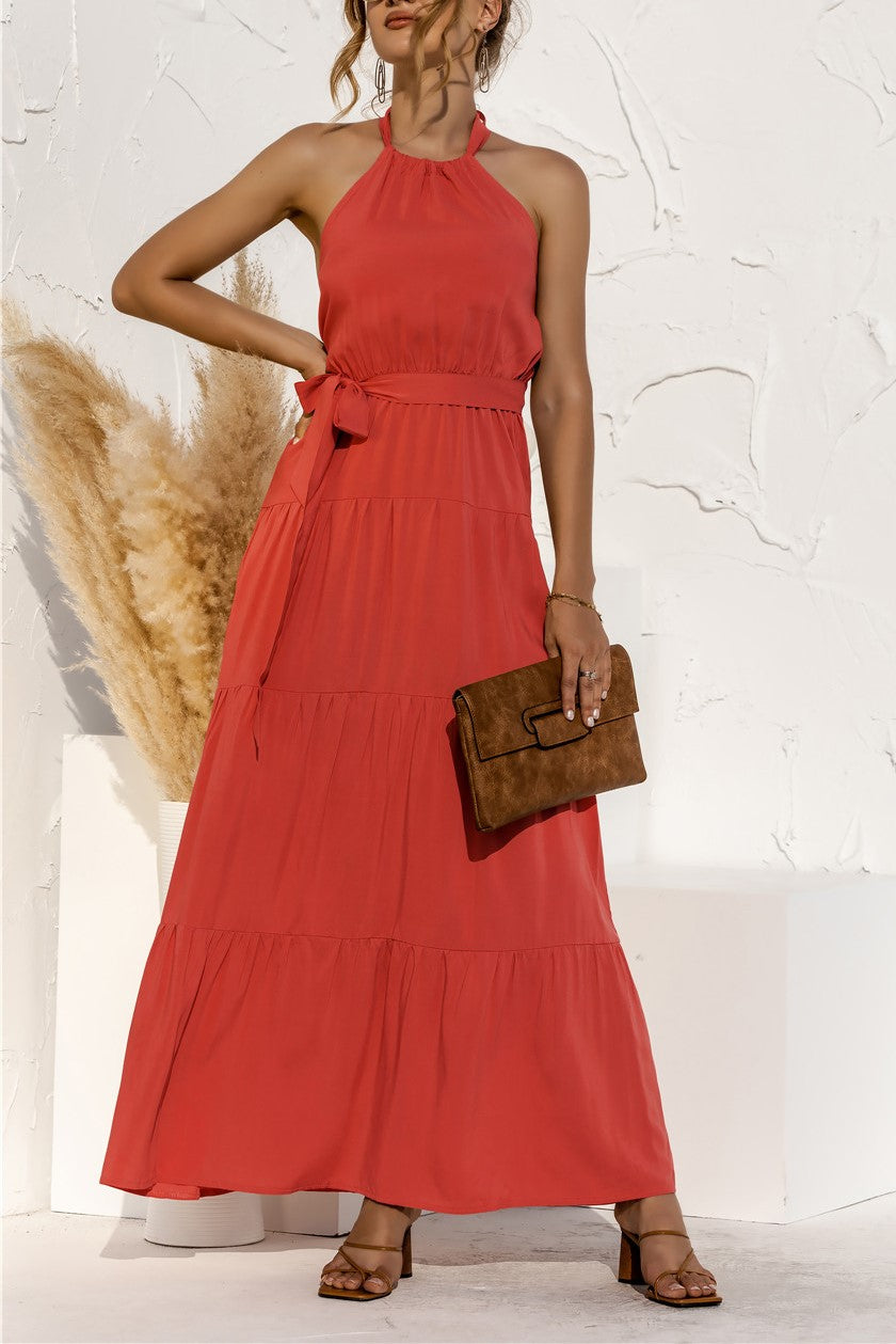 Halter Neck Tiered Belted Maxi Dress - Red
