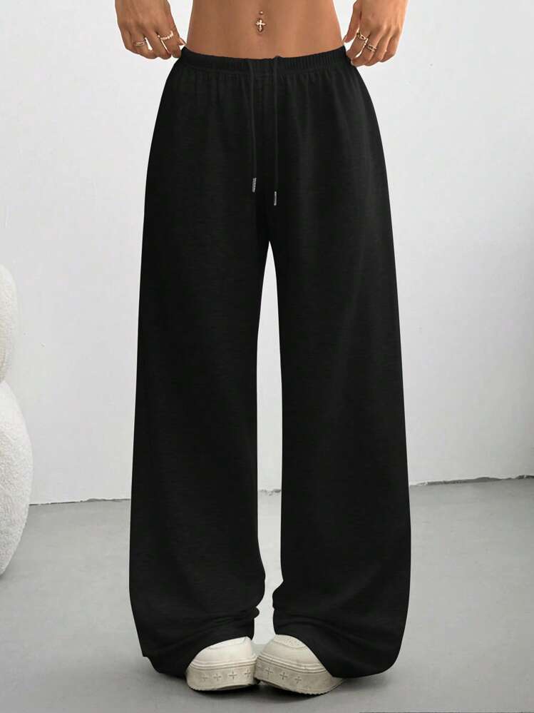 Ribbed Knit Drawstring Lounge Pants - Black