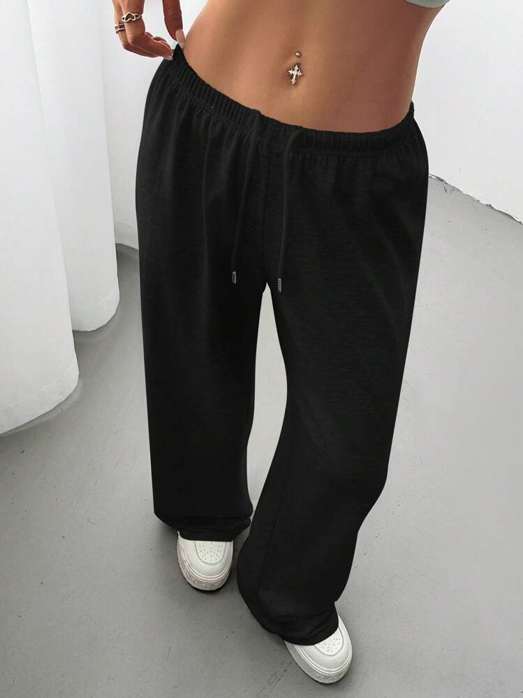 Ribbed Knit Drawstring Lounge Pants - Black - 1