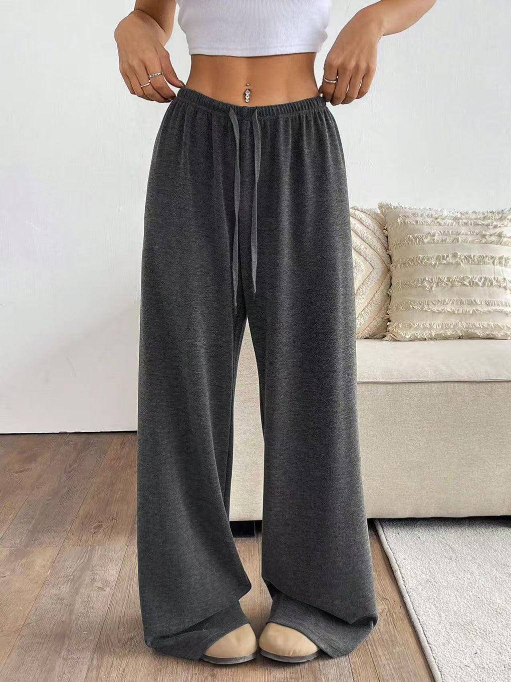 Ribbed Knit Drawstring Lounge Pants - DarkGrey