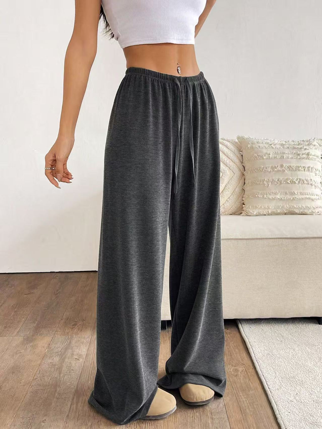 Ribbed Knit Drawstring Lounge Pants - DarkGrey - 2