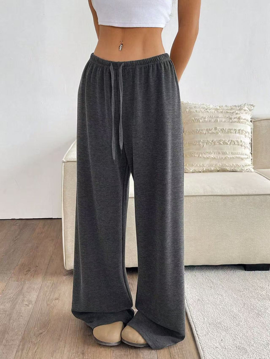 Ribbed Knit Drawstring Lounge Pants - DarkGrey - 4