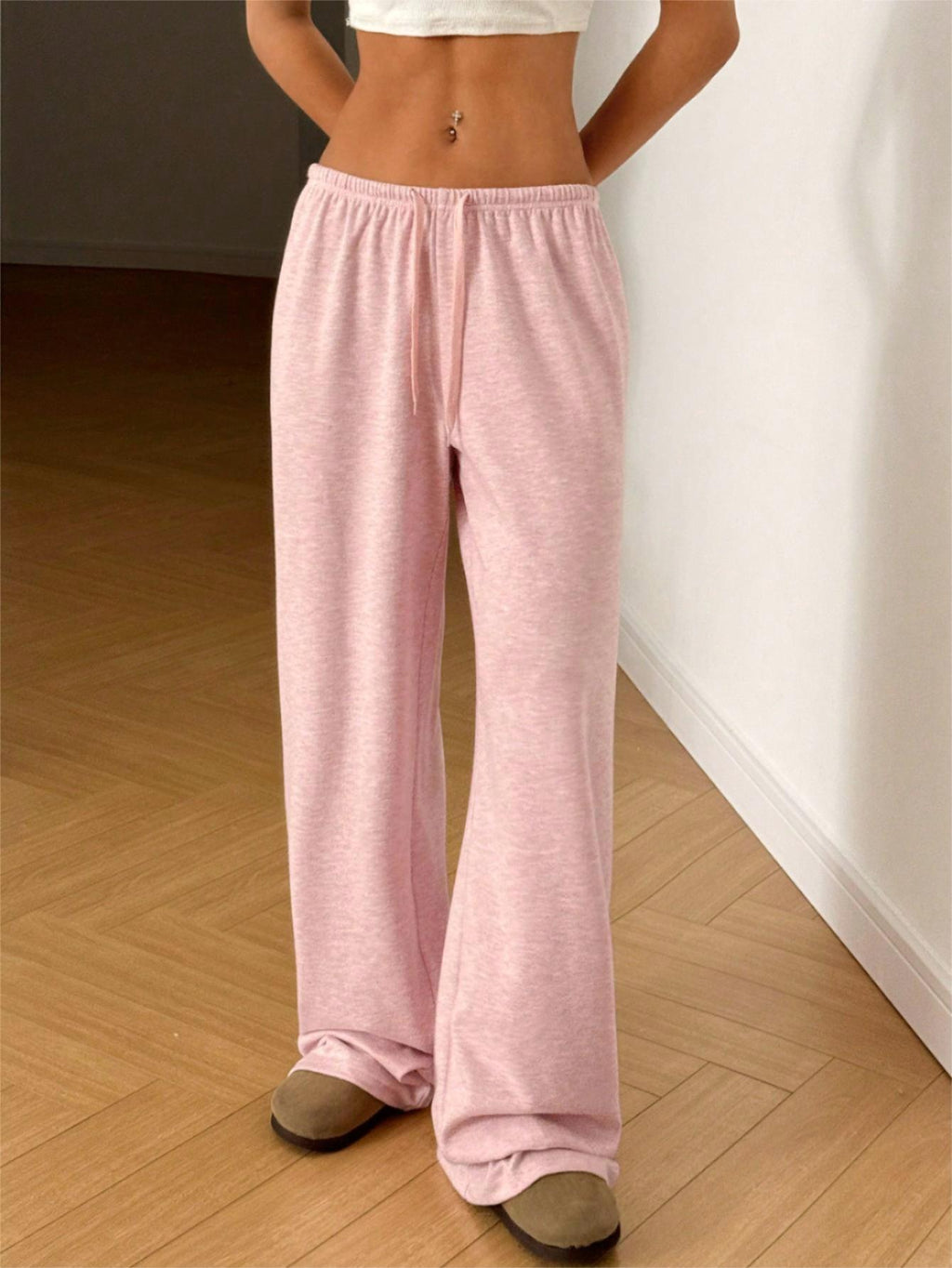 Ribbed Knit Drawstring Lounge Pants - Pink