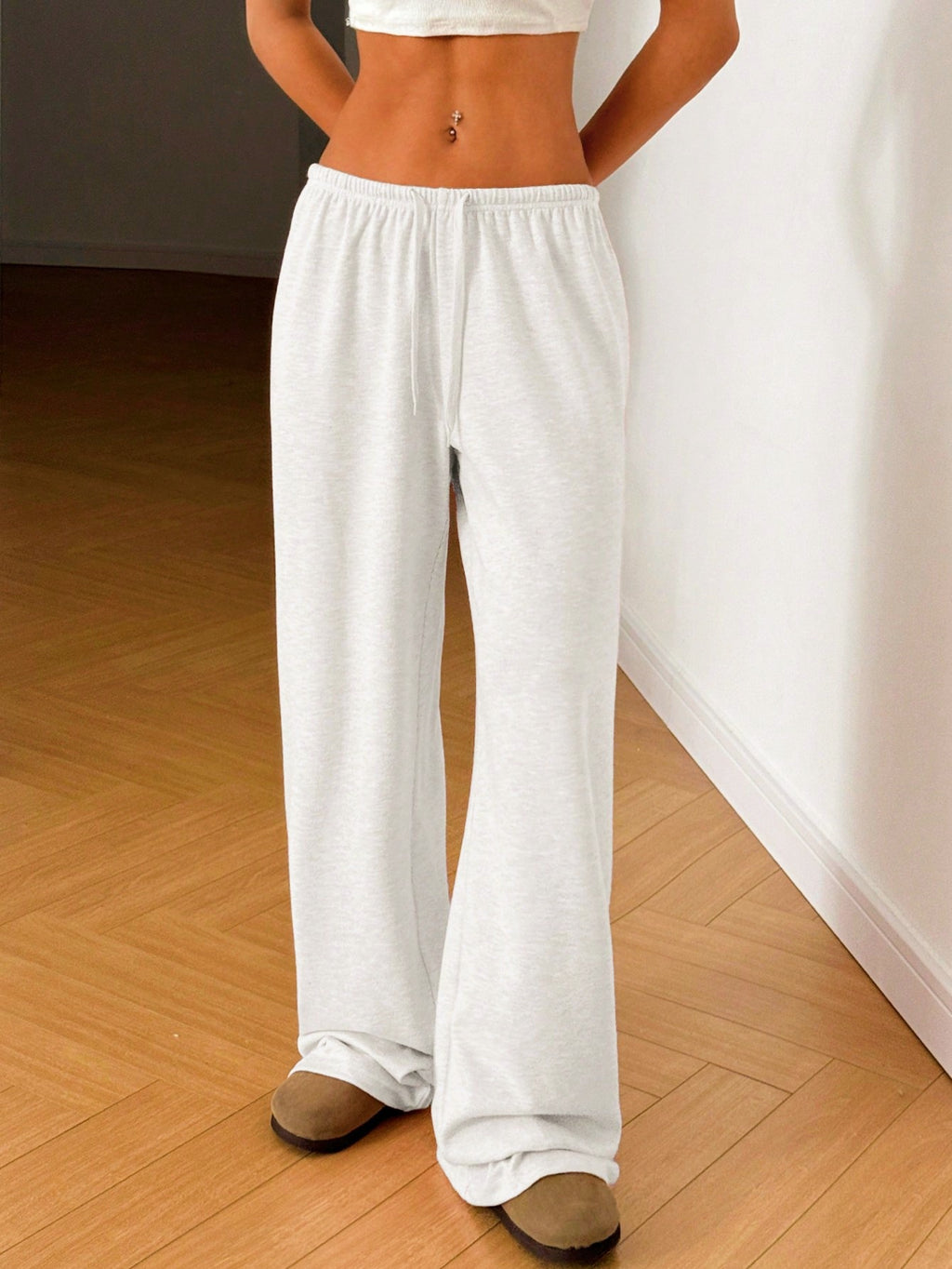 Ribbed Knit Drawstring Lounge Pants - White
