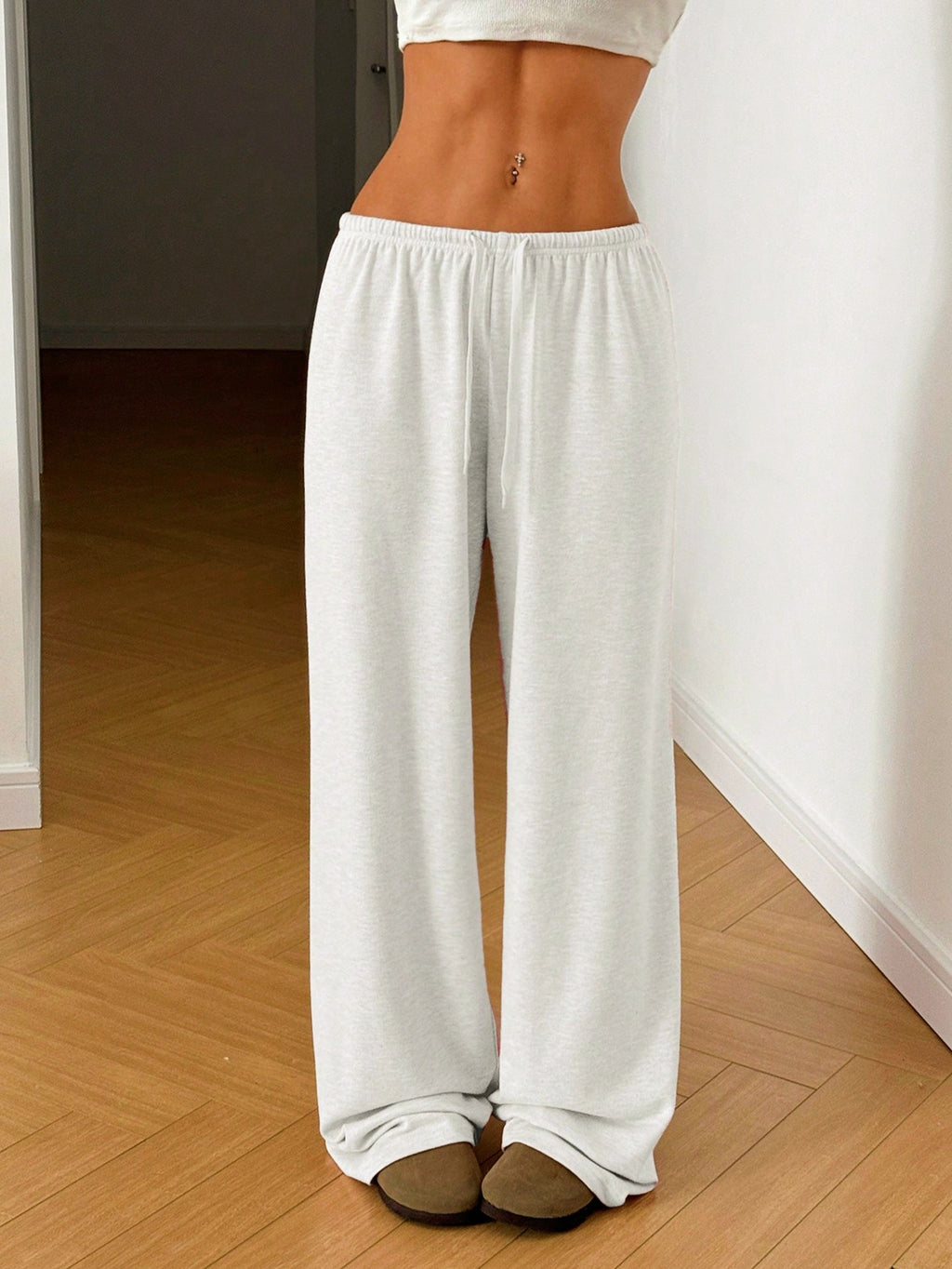 Ribbed Knit Drawstring Lounge Pants - White - 5