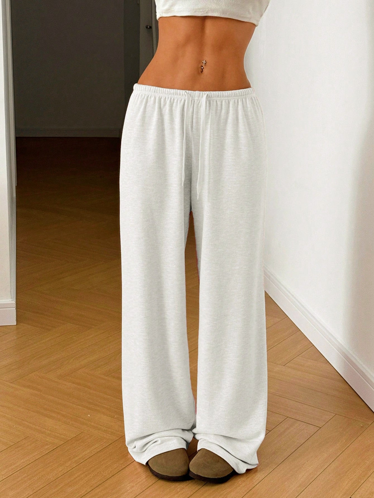 Ribbed Knit Drawstring Lounge Pants - White - 5