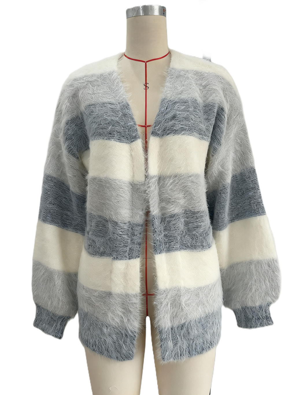 Fuzzy Wide Stripe Open Front Cardigan - Blue